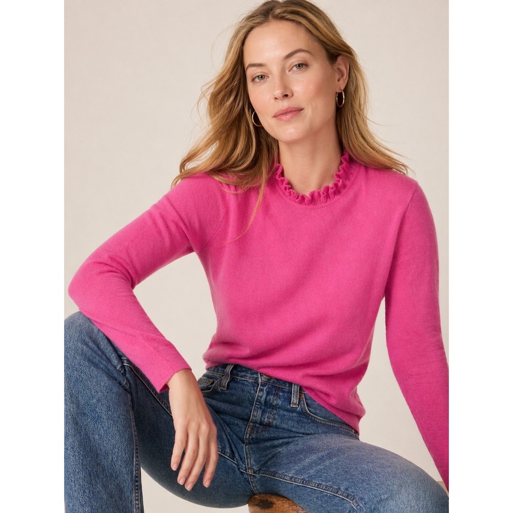 J.Crew Womens Preppy Ruffle Neck Long Sleeve Cotton Sweater Pink M Twee Chic